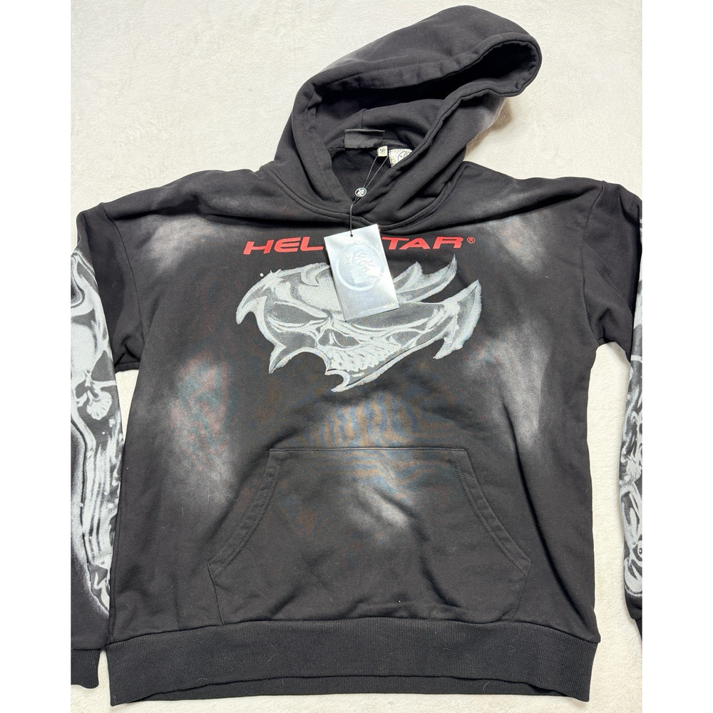New Hellstar Records Skulls Black Sun Faded Skale Hoodie Mens Large Vintage Wash